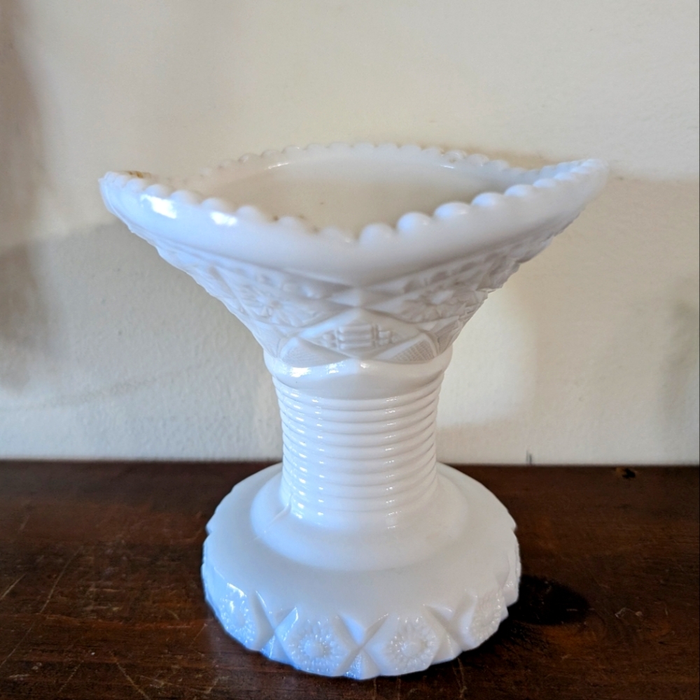 Milk Glass Antique Vase Vintage Bowl Base Footed Stars And Bars Design Decor MCM
